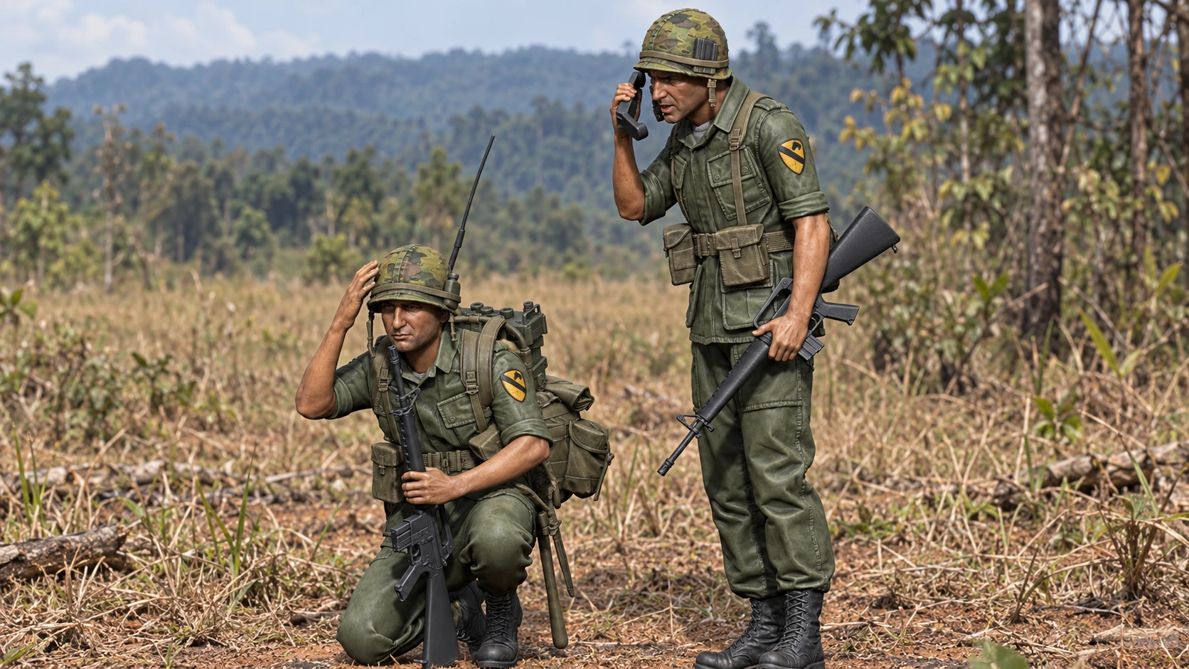 Deux figurines du 7th Cavalry dans un décor inspiré d’Ia Drang, au Vietnam
