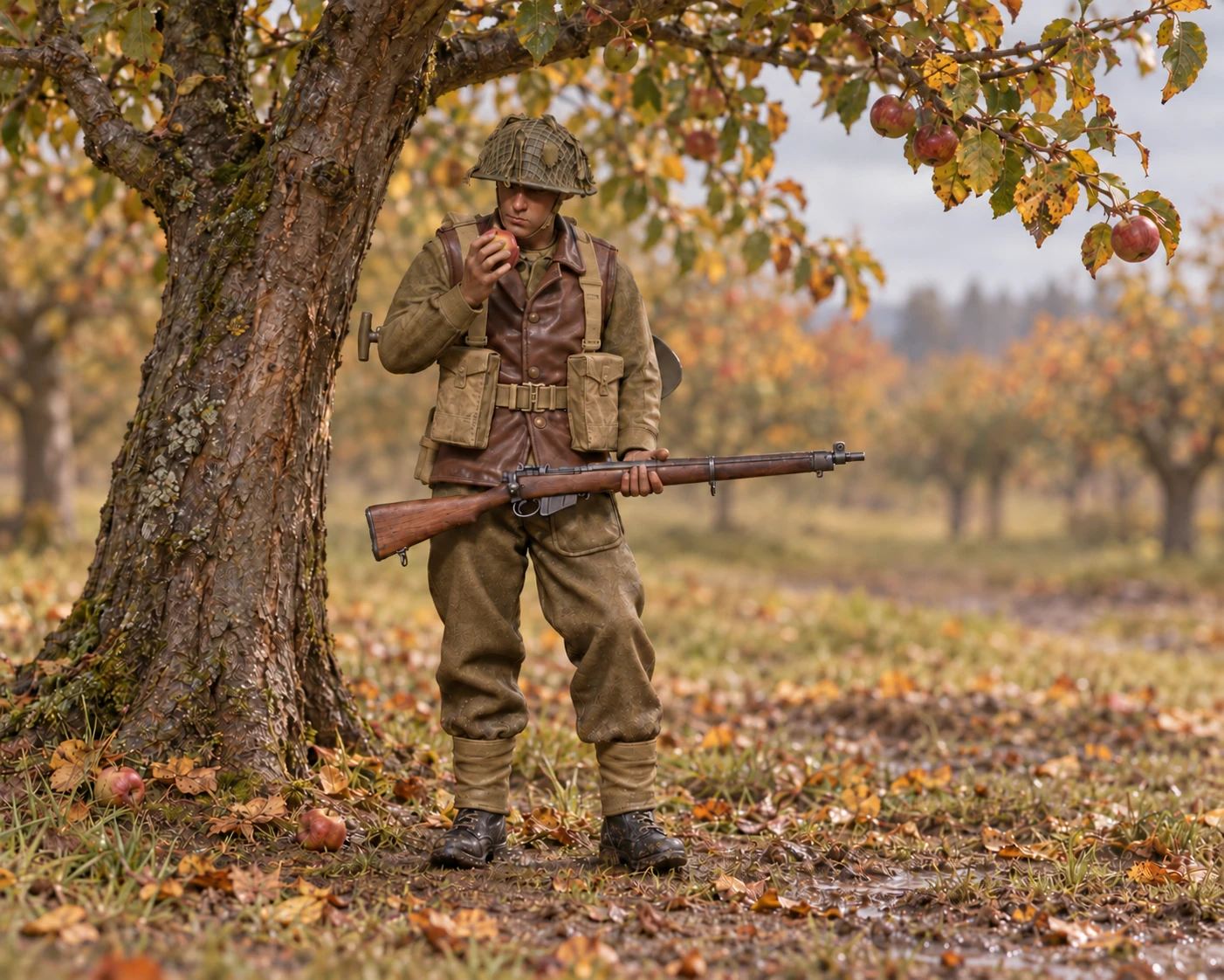 Soldat canadien WW2 sous un pommier sur un sol légèrement boueux